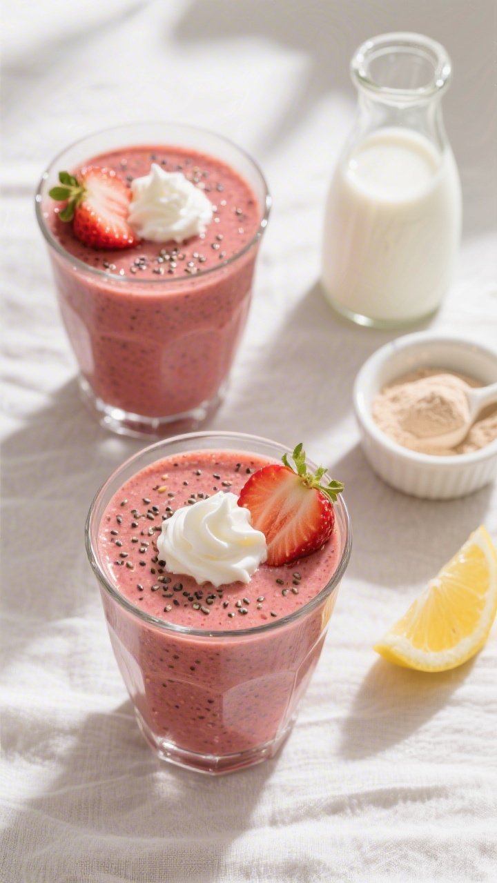 Tasty top view: Overhead shot of two servings of the smoothie in short wide tumblers, showcasing vel