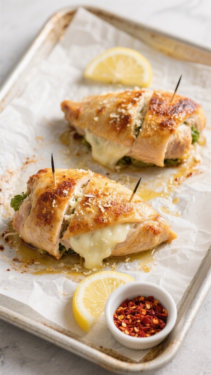 Tasty top view: Overhead shot of two stuffed chicken breasts just out of the oven on a parchment-lin