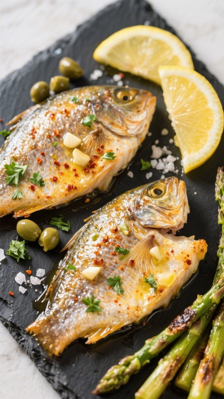 Tasty top view: Overhead shot of two tilapia fillets finished in garlic butter, glistening surface w