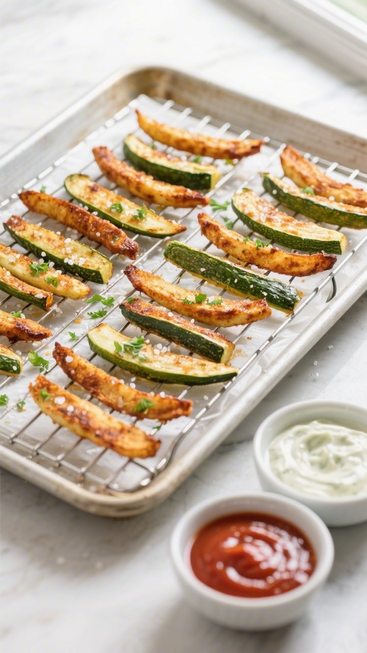 Tasty top view: Overhead shot of zucchini fries arranged in neat rows on a wire rack set over a parc
