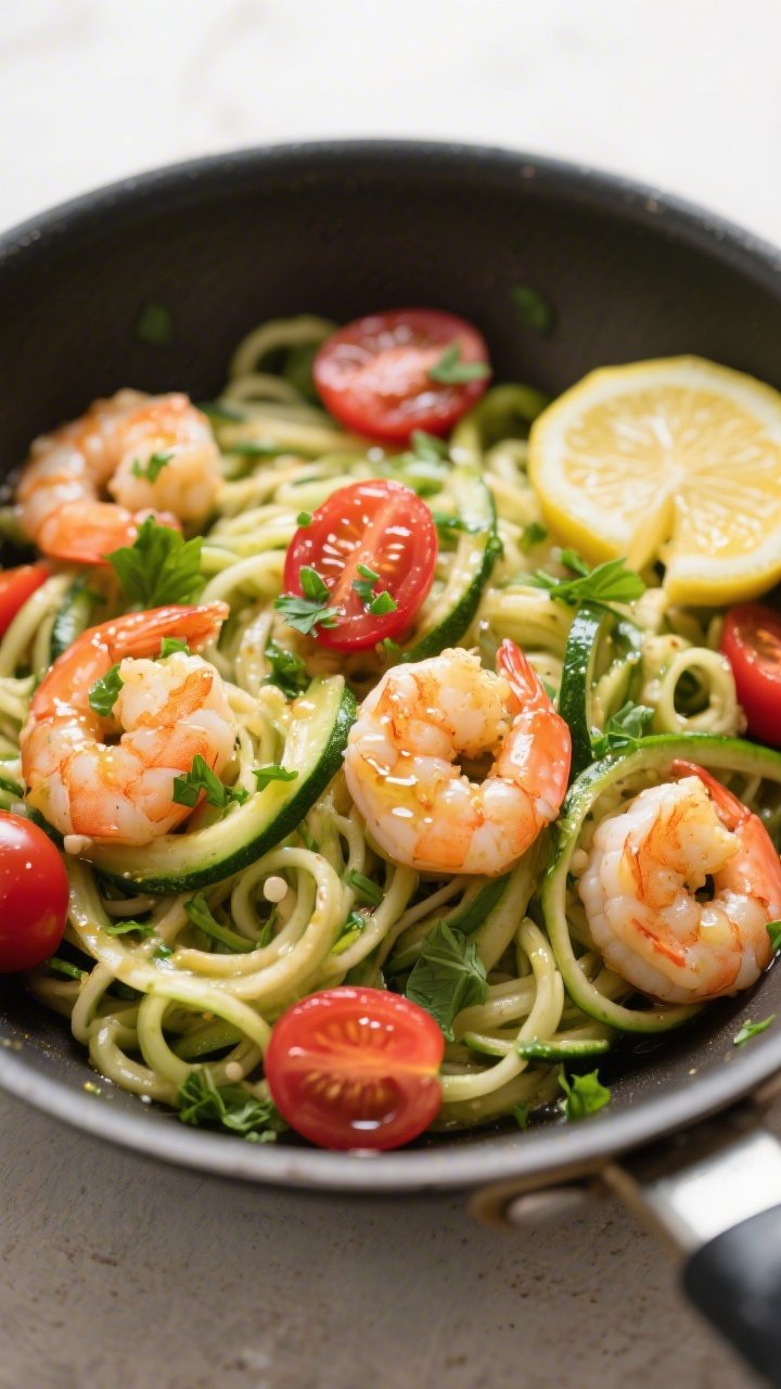 Tasty top view, overhead shot: Overhead of Keto Shrimp Zoodle Bowl just finished in the pan—crisp-