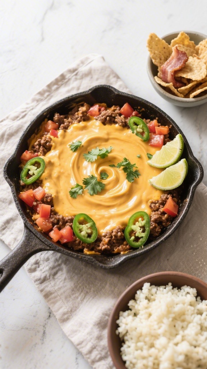 Tasty top view, overhead shot: Overhead of the finished Keto Ground Beef Queso Skillet, ultra-melty 
