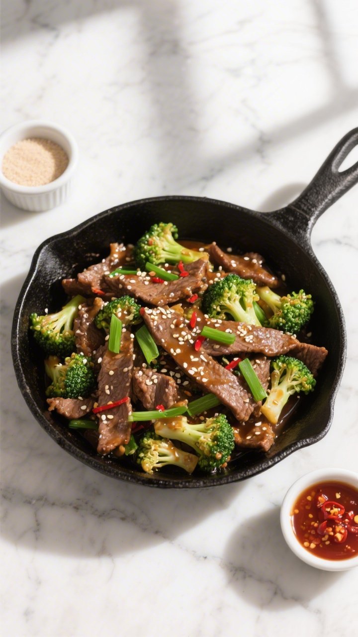 Tasty top view (overhead shot): Overhead shot of Keto Beef and Broccoli Stir Fry in a black cast-iro