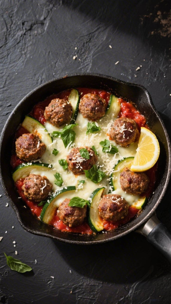 Tasty top view, overhead skillet shot: Overhead shot of the finished Keto Zucchini Meatball Skillet 