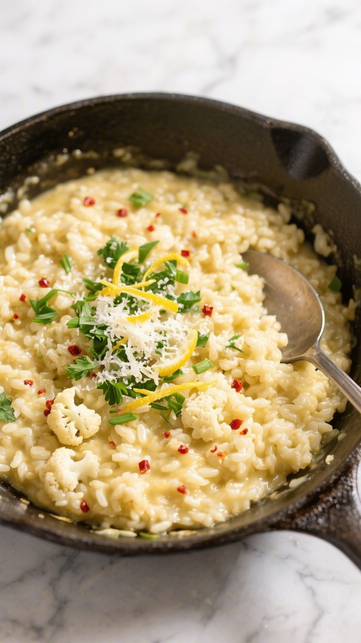 Tasty top view, overhead: Top-down shot of Keto Cauliflower Risotto just off the heat in the skillet