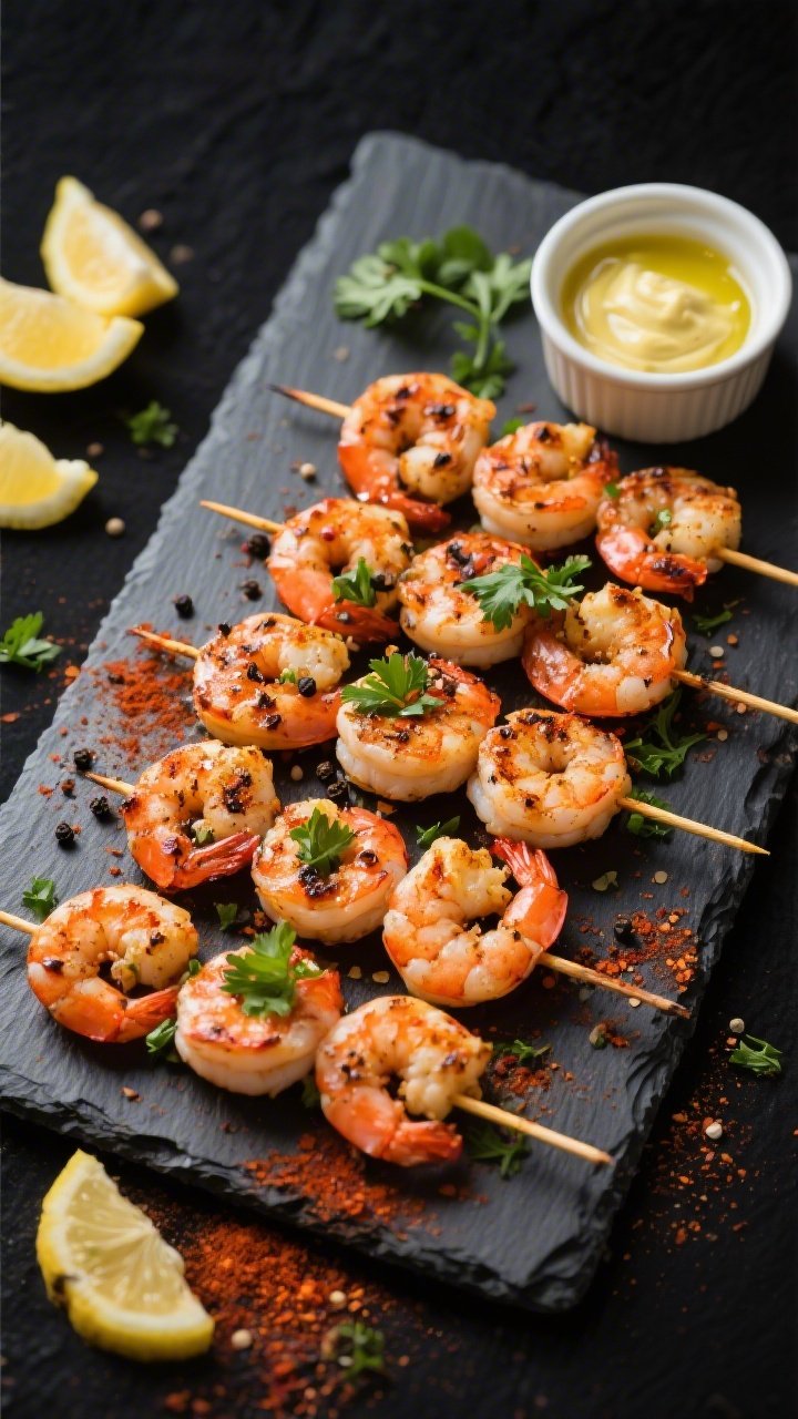 Tasty top-view presentation: Overhead shot of Cajun Shrimp Skewers arranged in neat rows on a dark s