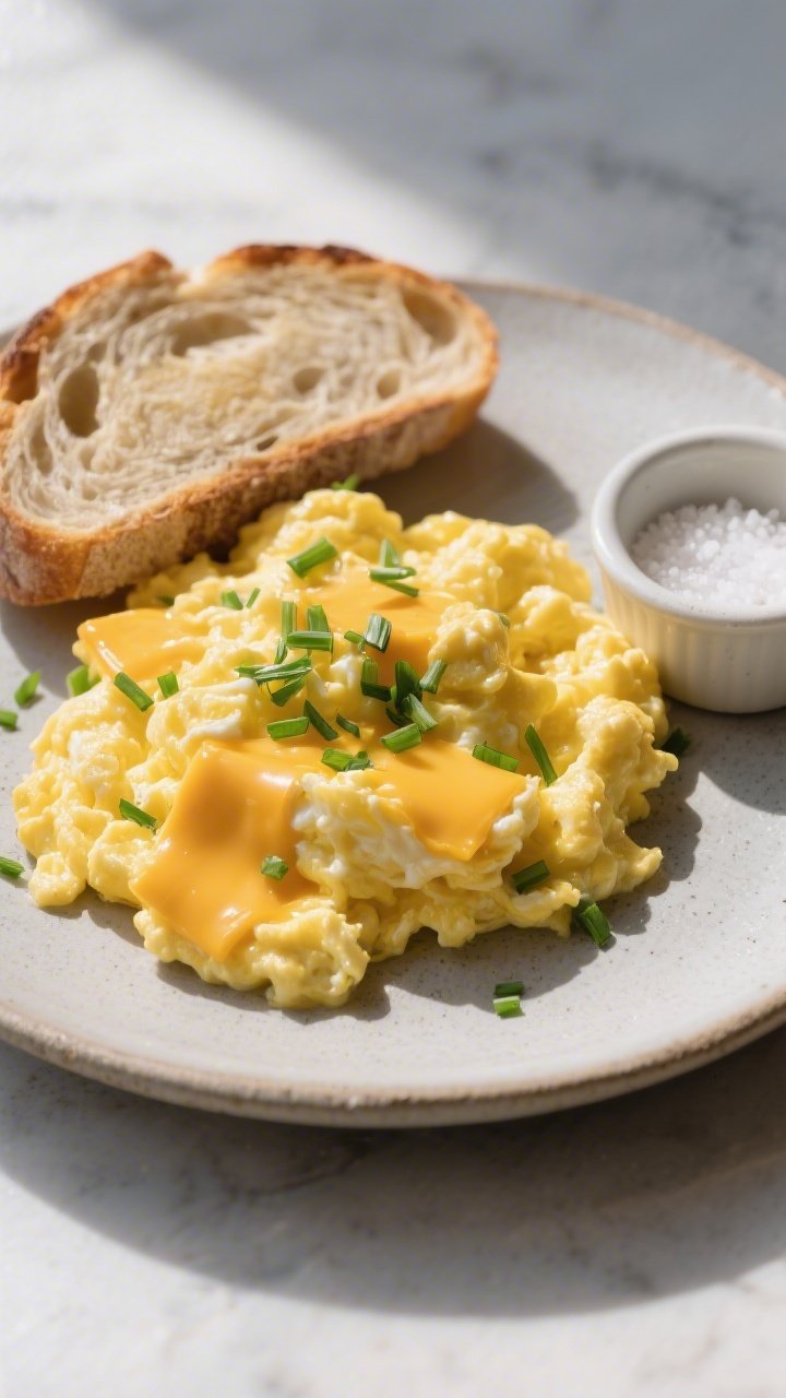 Tasty top view, variation highlight: Overhead shot of Cheddar and Chive scrambled eggs, showing plus