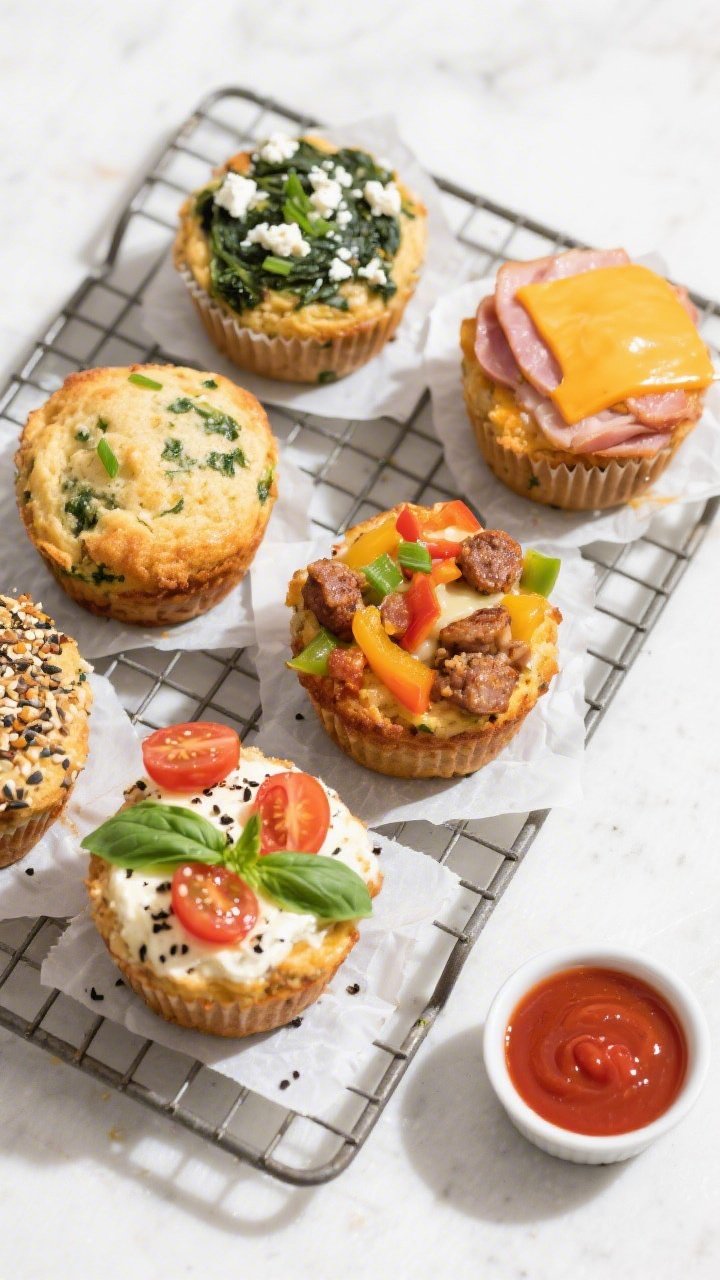 Tasty top view, variety board: Overhead shot of a cooling rack loaded with four distinct finished mu
