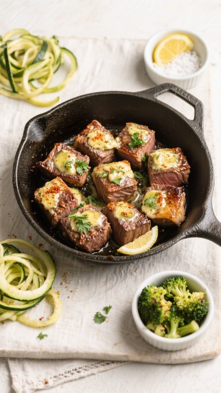Tasty top-view variety board: Overhead shot of Keto Garlic Butter Steak Bites arranged in a shallow 