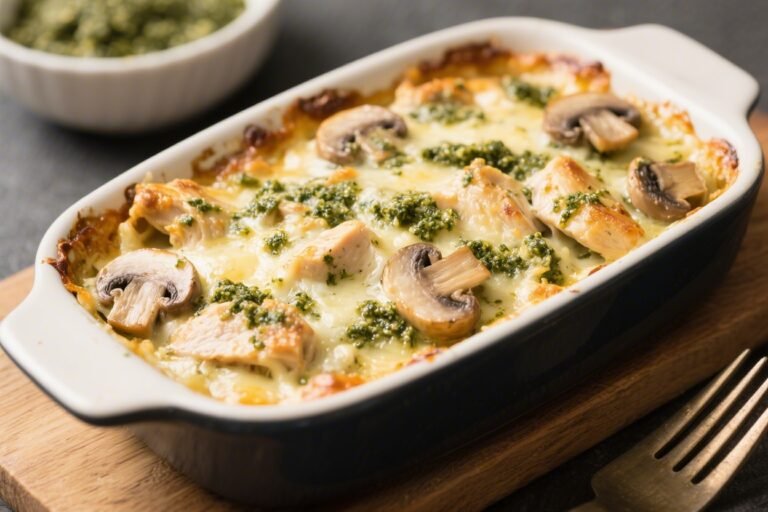 Keto Cheesy Pesto Chicken & Mushroom Casserole – Comforting, Creamy, And Low-Carb