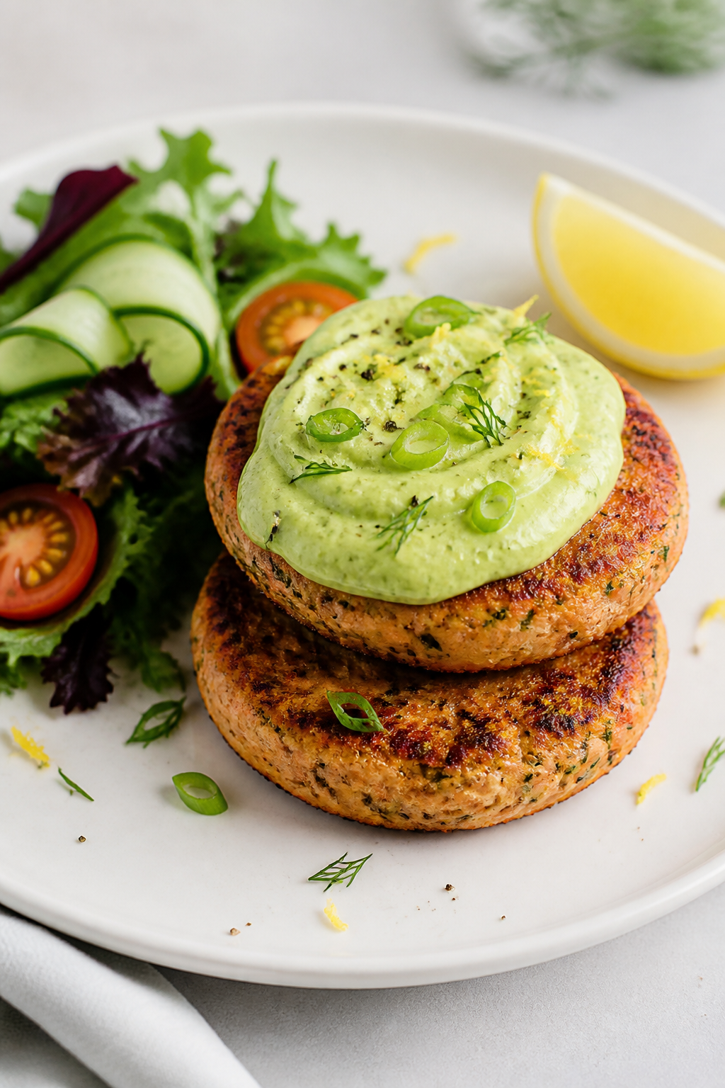 Beautifully plated Keto Salmon Patties with Avocado Crema: two patties stacked slightly offset on a 