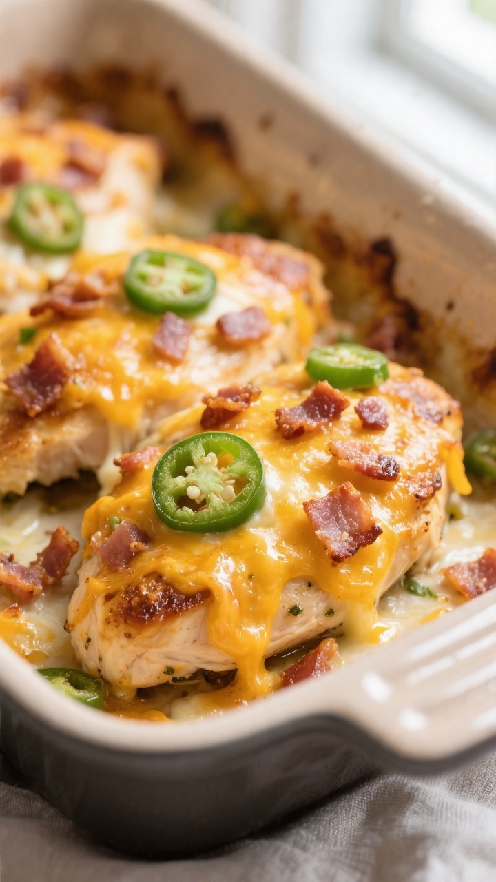 Close-up detail: A bubbling, golden-brown jalapeño popper topping melting over baked chicken breast