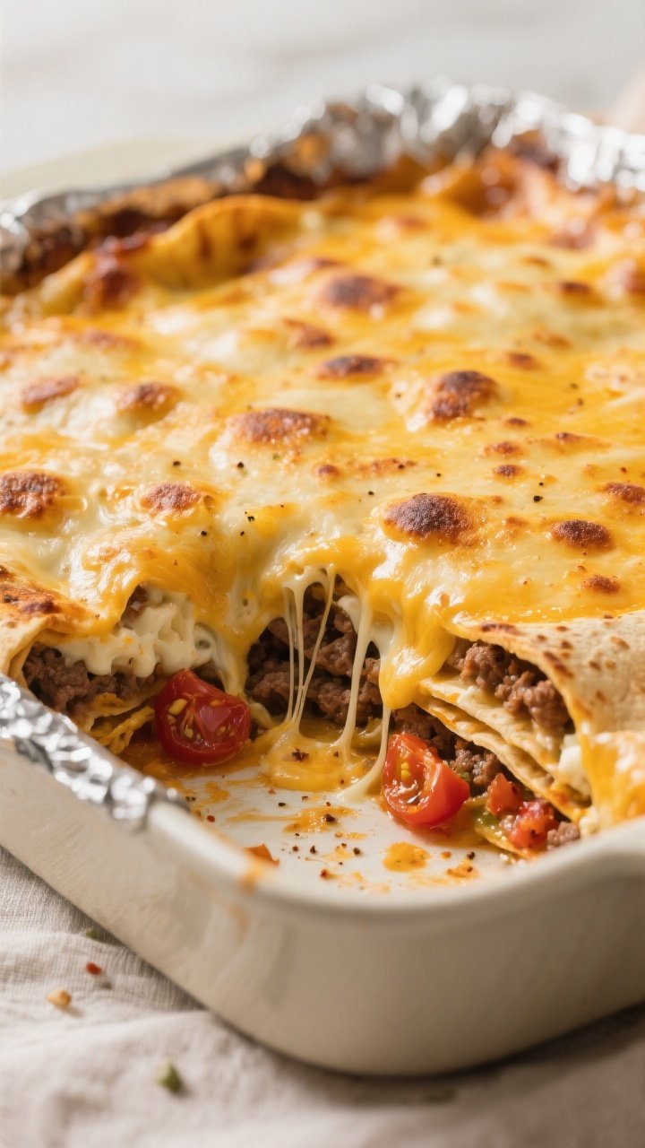 Close-up detail: A bubbling layer of the Cream Cheese Taco Bake just after the foil is removed, show