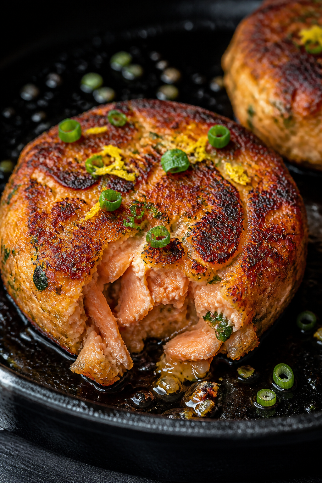 Close-up detail: A freshly seared Cajun keto salmon cake in a cast-iron skillet, edges deeply golden
