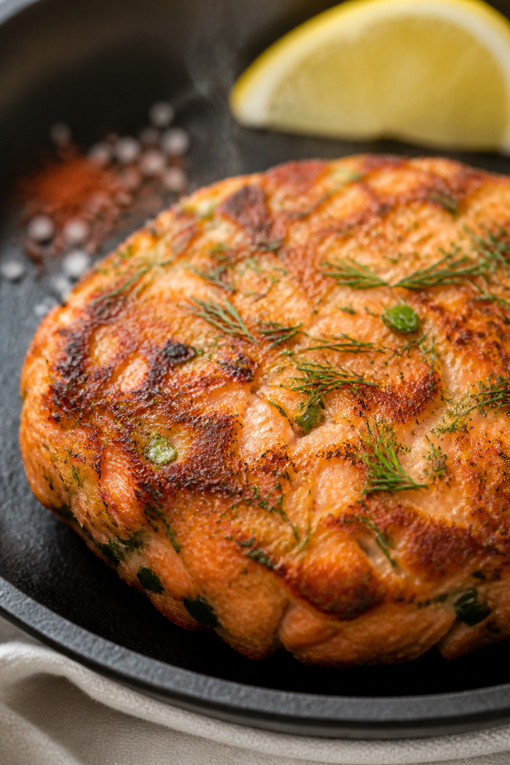 Close-up detail: A golden-brown keto salmon cake just out of the skillet, crisp, craggy edges and vi