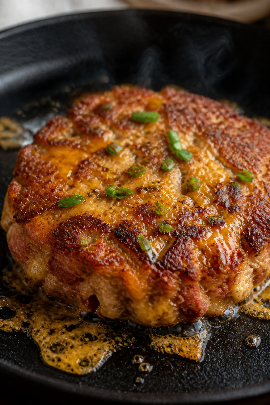 Close-up detail: A golden-brown keto salmon patty sizzling in a well-seasoned cast-iron skillet, edg