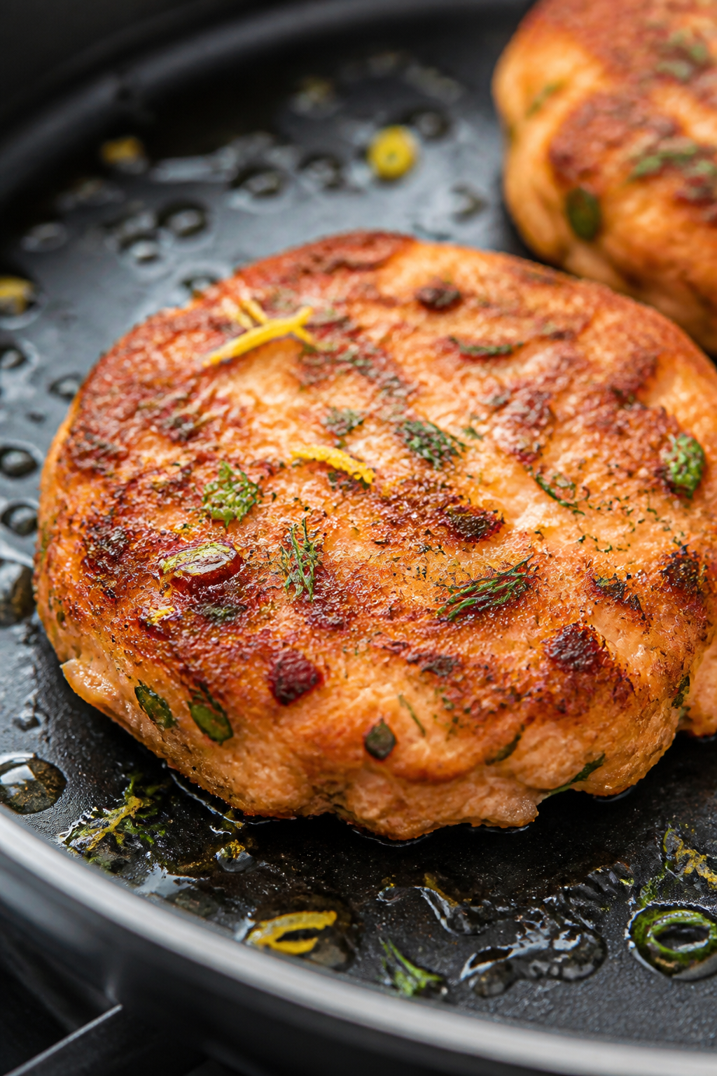 Close-up detail: A golden, pan-fried keto salmon cake sizzling in a nonstick skillet, edges deeply c