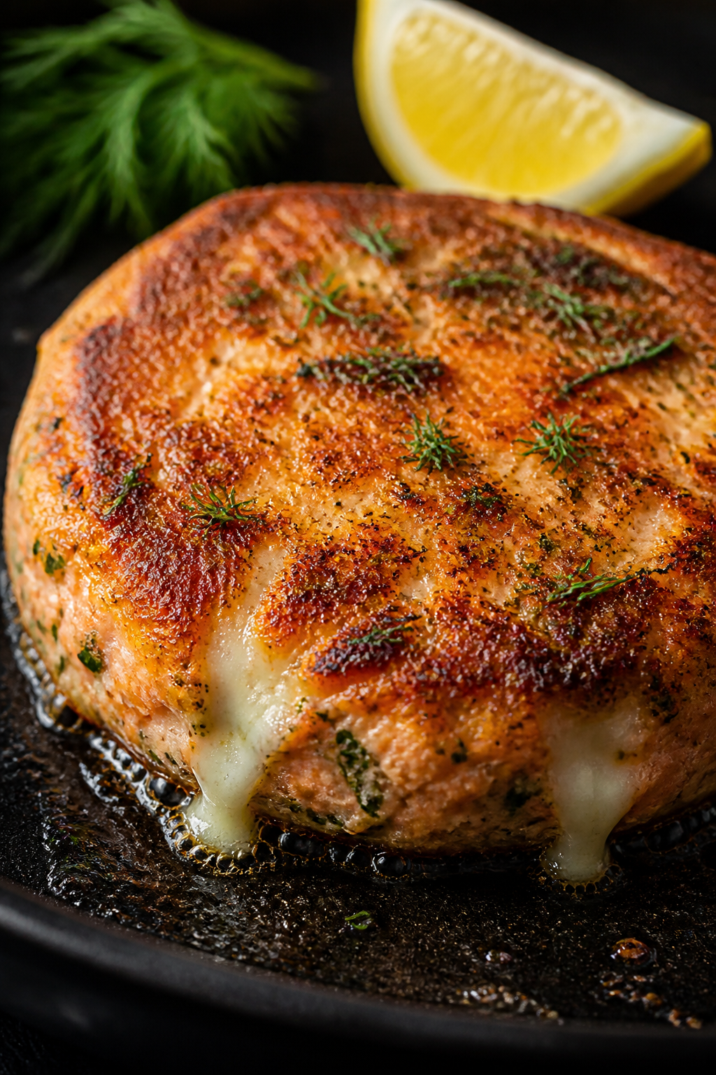 Close-up detail: A golden, pan-fried keto salmon patty sizzling in a cast-iron skillet, crisp, deepl