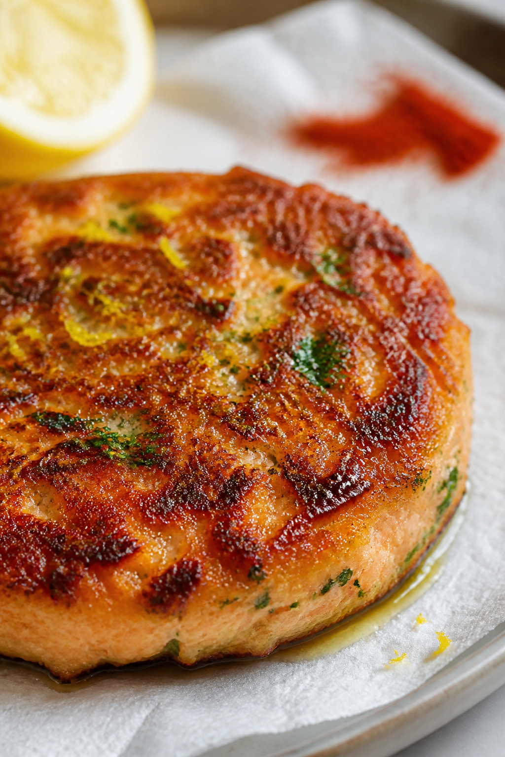 Close-up detail: A just-fried keto salmon patty resting on a paper towel–lined plate, glistening w