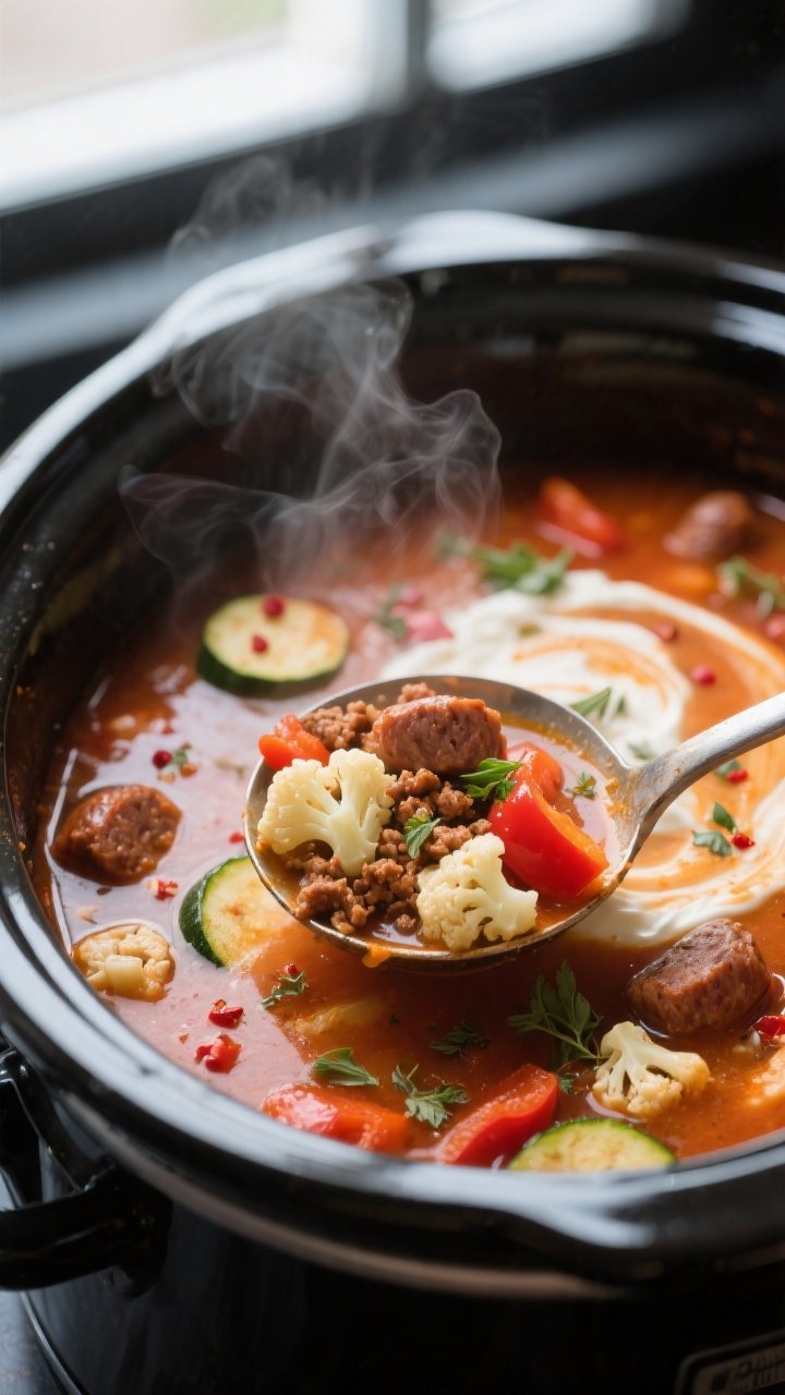 Close-up detail: A ladle lifting cooked Italian sausage soup from a slow cooker, showcasing browned 