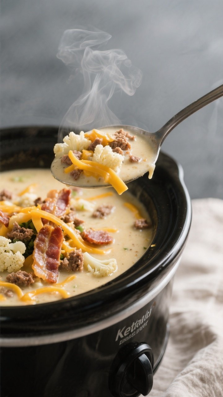 Close-up detail: A ladle lifting creamy Keto Bacon Cheeseburger Chowder from a slow cooker, showcasi