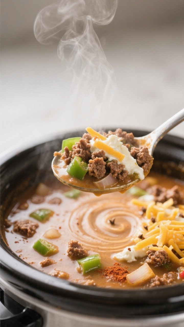 Close-up detail: A ladle lifting creamy keto beef taco soup from a slow cooker, showcasing crumbled 