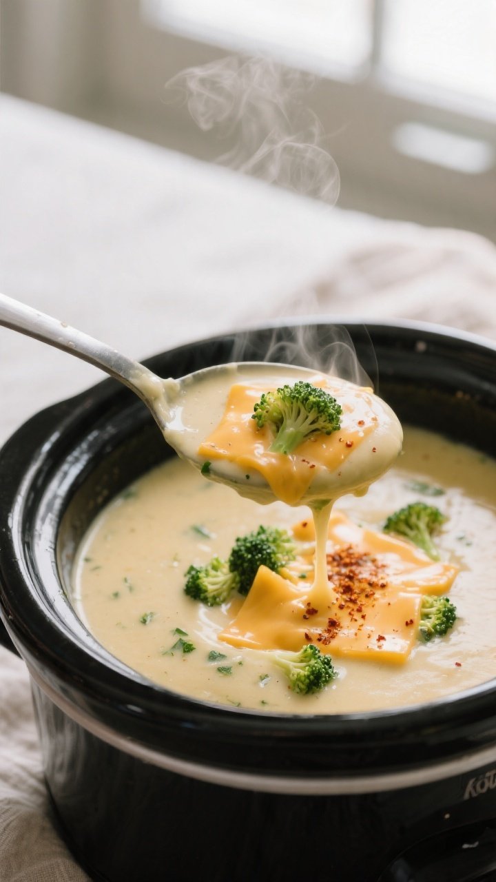 Close-up detail: A ladle lifting creamy keto broccoli cheddar soup straight from the crockpot after 