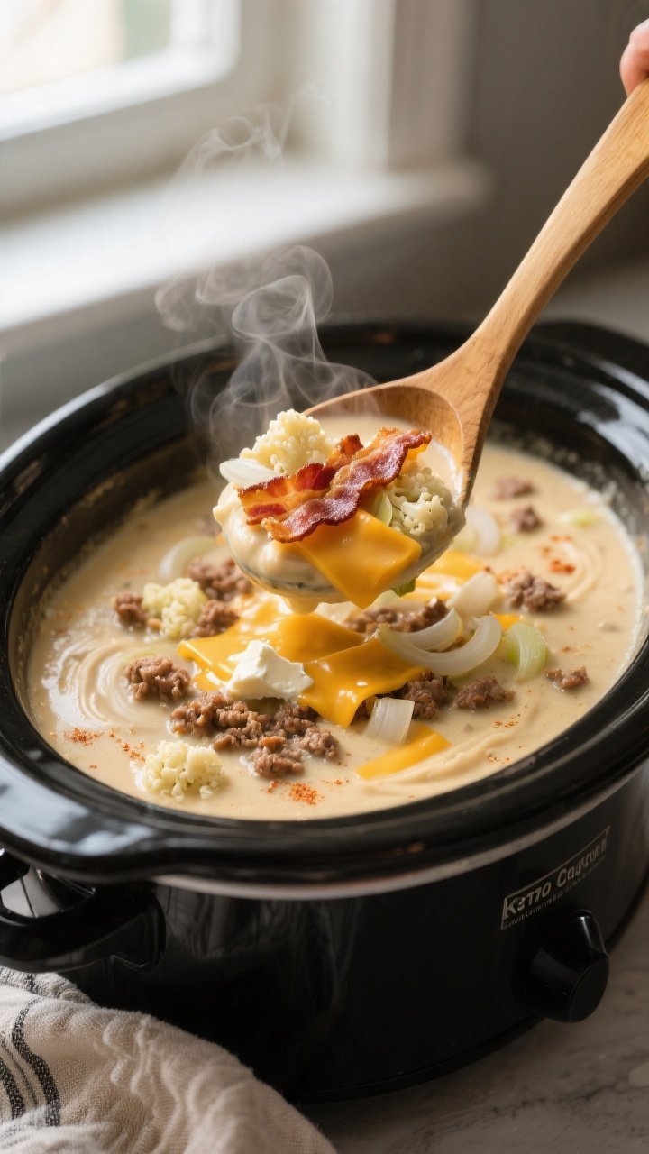 Close-up detail: A ladle lifting creamy Keto Crockpot Bacon Cheeseburger Soup from the slow cooker,