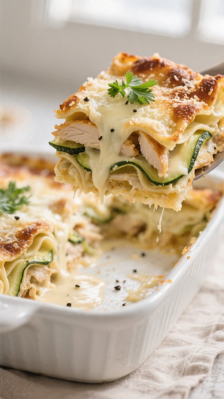 Close-up detail: A slice of Keto Alfredo Zucchini Lasagna just cut and lifted from the pan, showing 