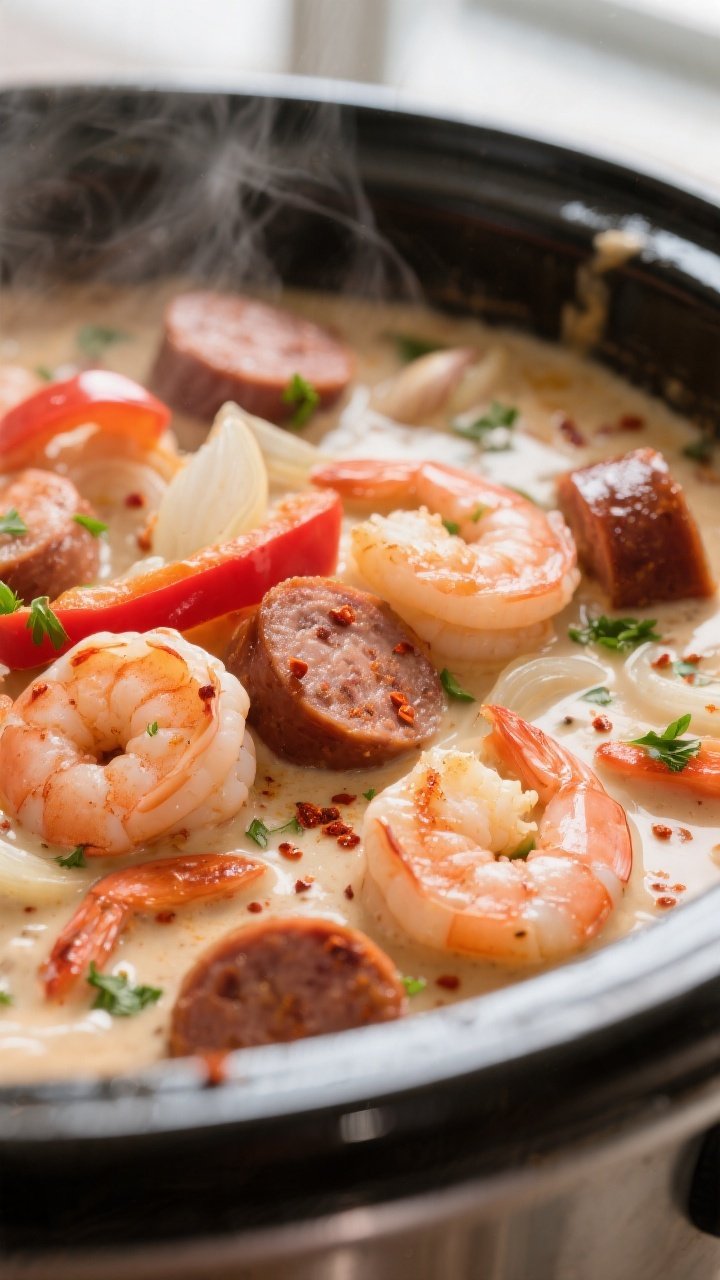 Close-up detail: A steamy, creamy garlic sauce-coated medley of just-cooked pink shrimp and browned 