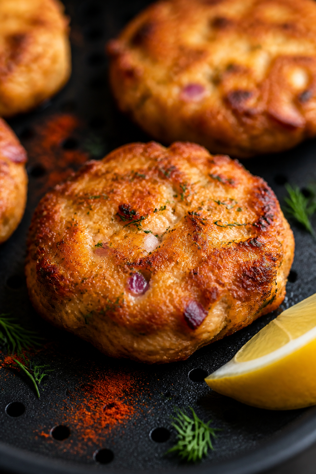 Close-up detail: Air-fried keto salmon patties just out of the basket, golden-brown crust with crisp