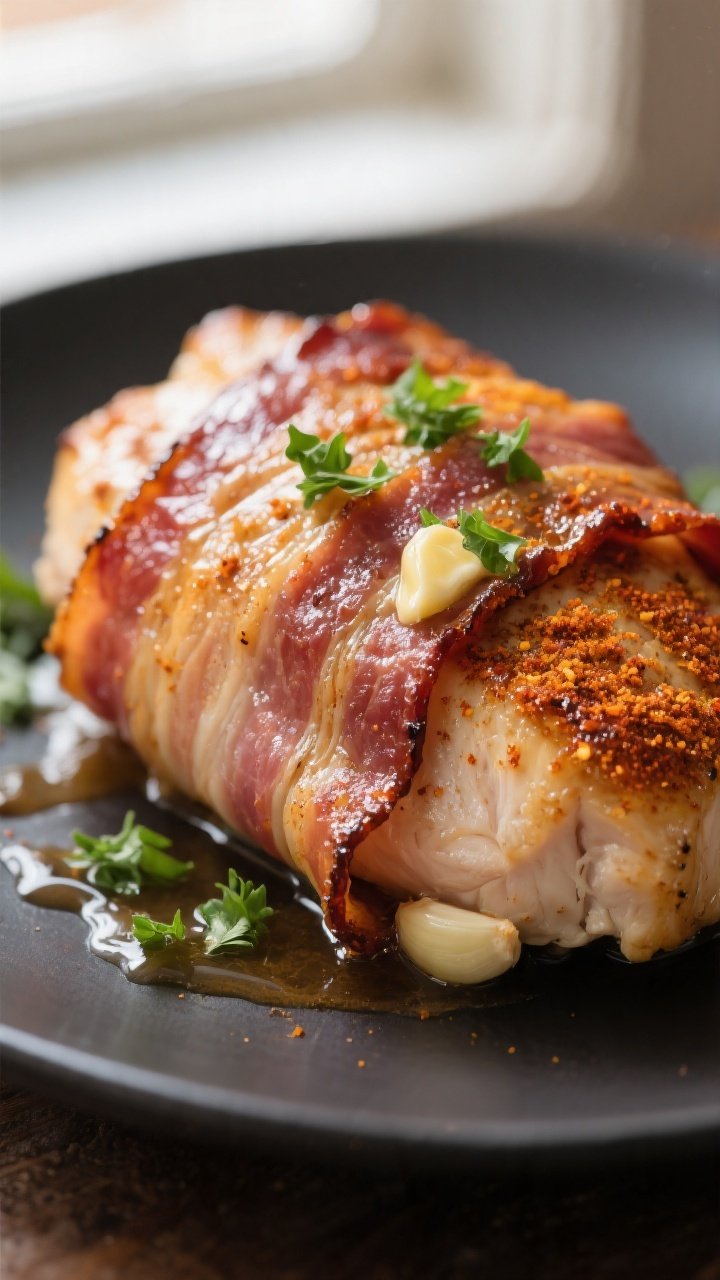 Close-up detail: Bacon-wrapped chicken breast just out of the slow cooker and finished under the bro