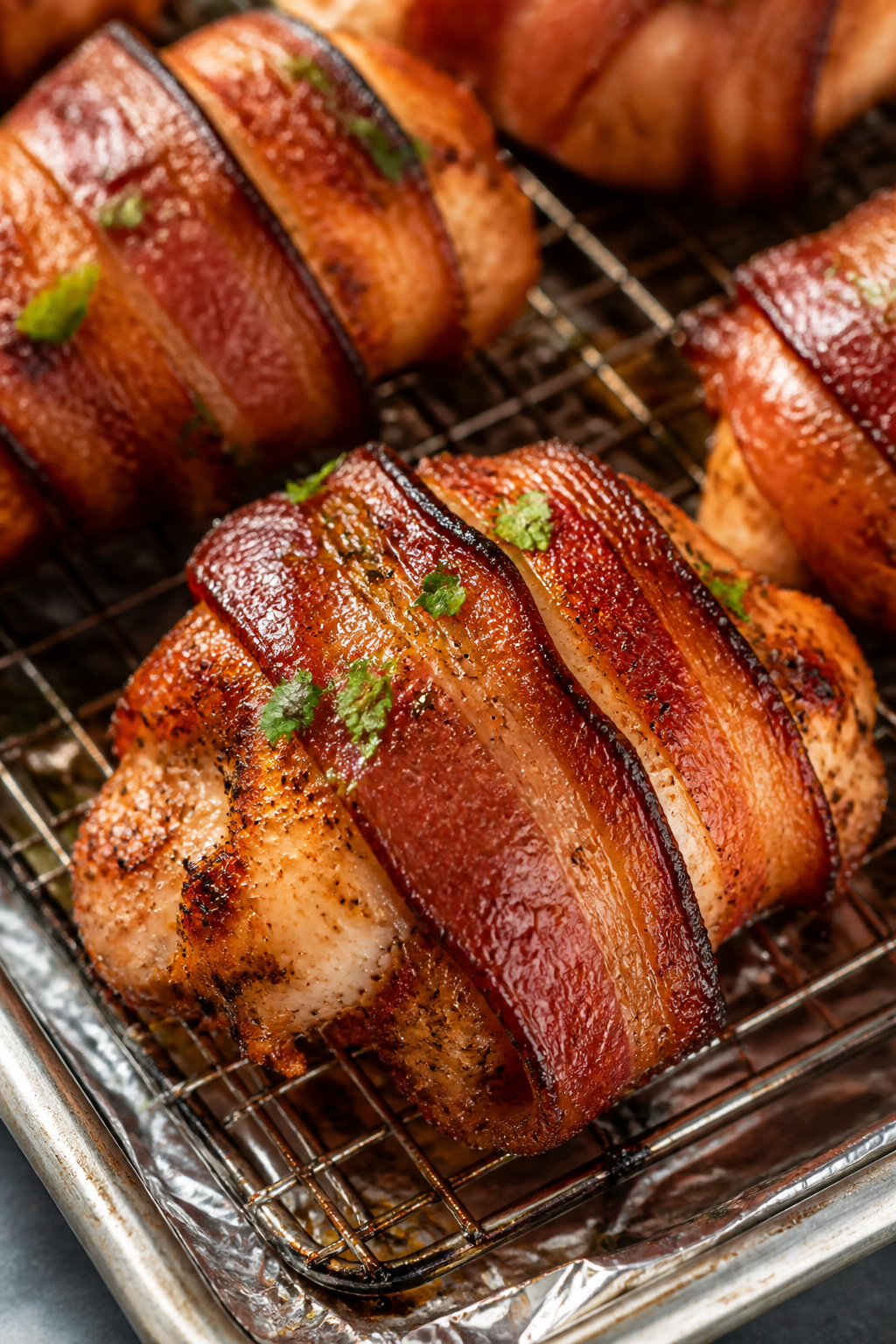 Close-up detail: Bacon-wrapped chicken just out of the oven on a wire rack over a foil-lined sheet p