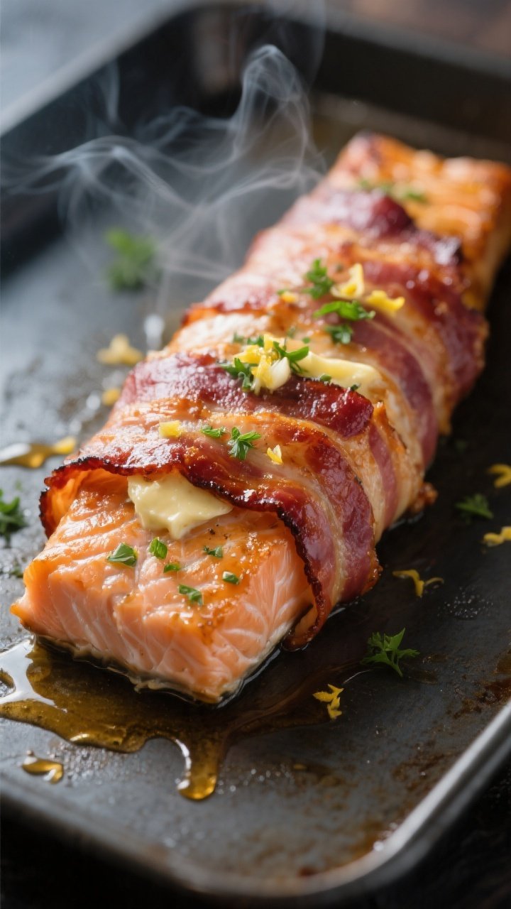 Close-up detail: Bacon-wrapped salmon just out of the oven, bacon rendered and deeply crisp with mah