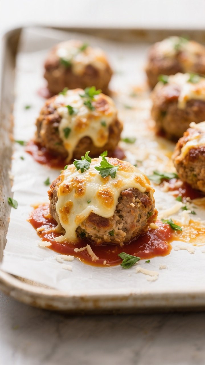 Close-up detail: Broiled keto chicken Parmesan meatballs just out of the oven, cheese melted and lig
