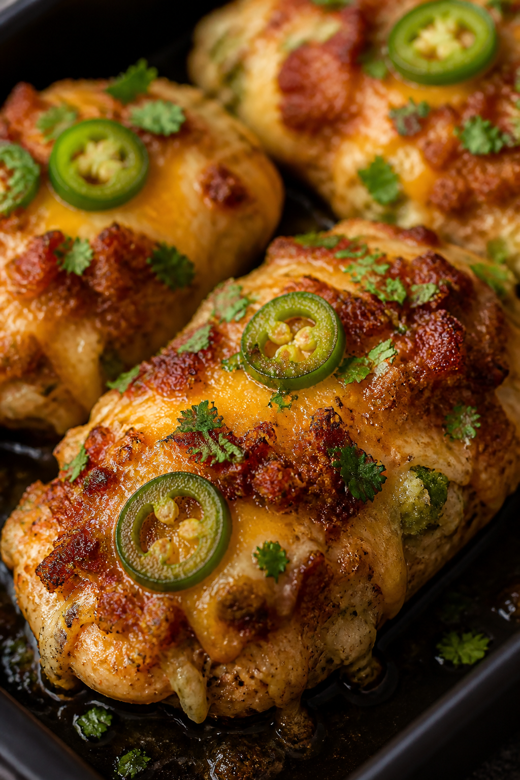 Close-up detail: Broiled keto jalapeno popper chicken just out of the oven, showing bubbling, melty 