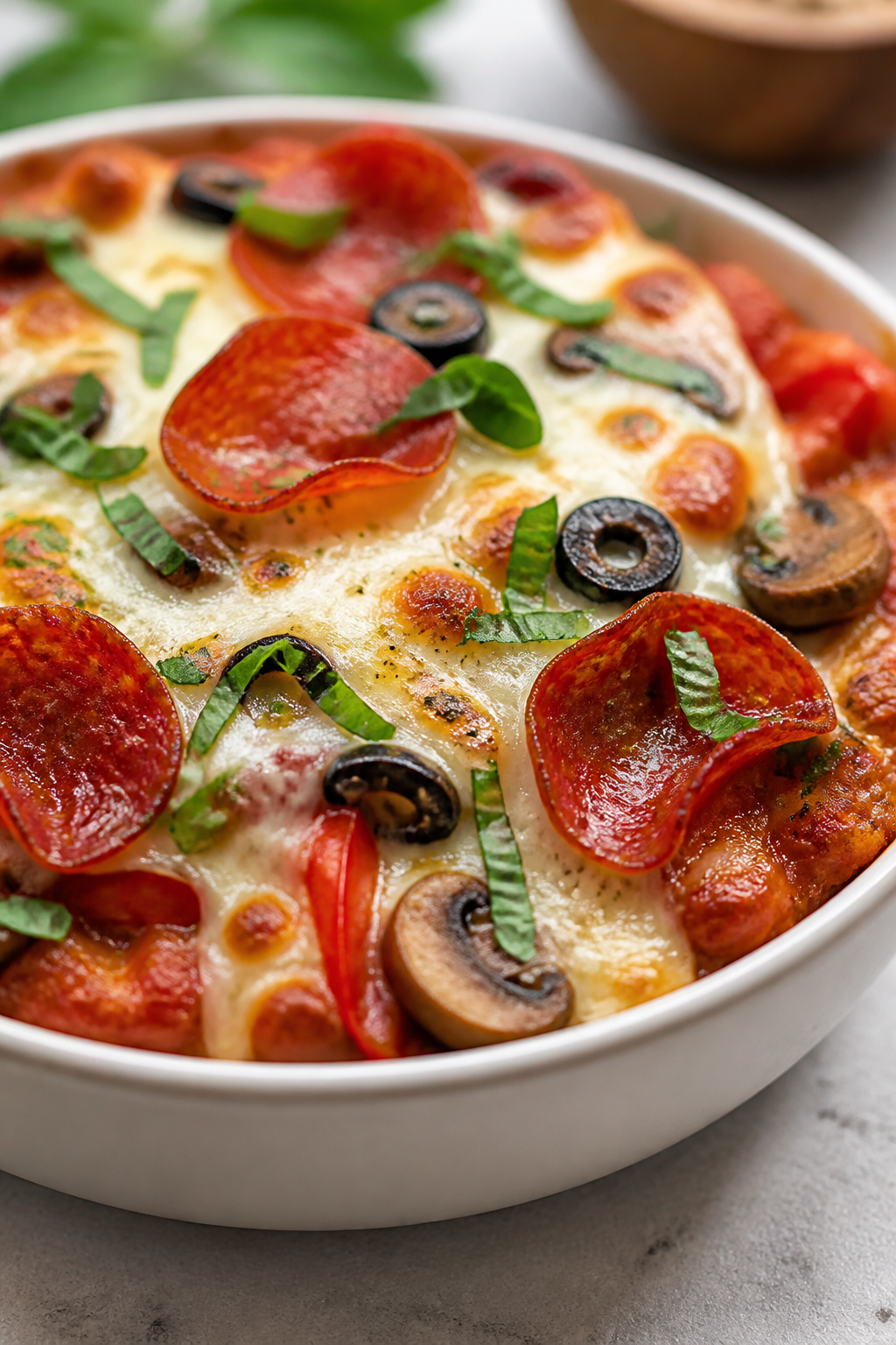 Close-up detail: Broiled low carb pizza bowl just out of the oven, molten mozzarella and Parmesan bu