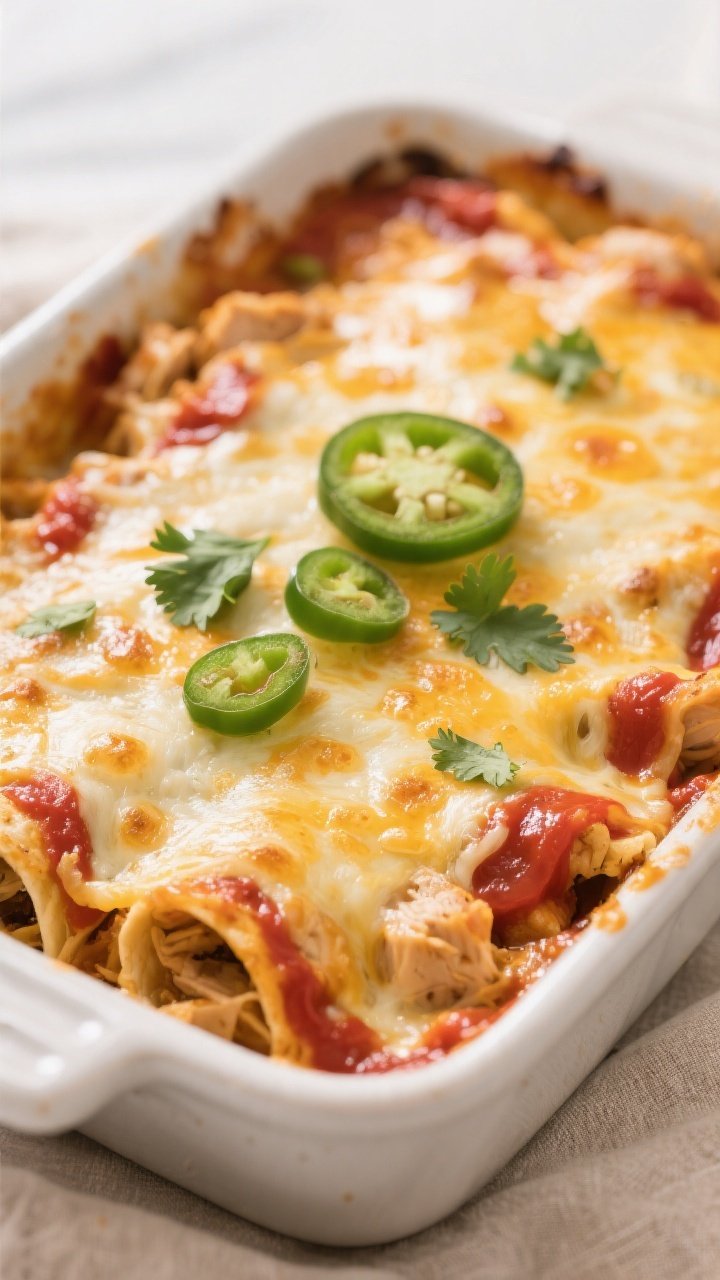 Close-up detail: bubbling keto chicken enchilada casserole just out of the oven, cheese melted with 