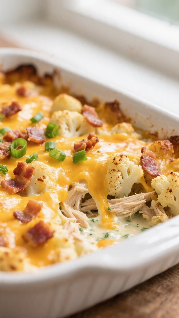 Close-up detail: Bubbly Keto Crack Chicken Cauliflower Bake just out of the oven, golden melted ched