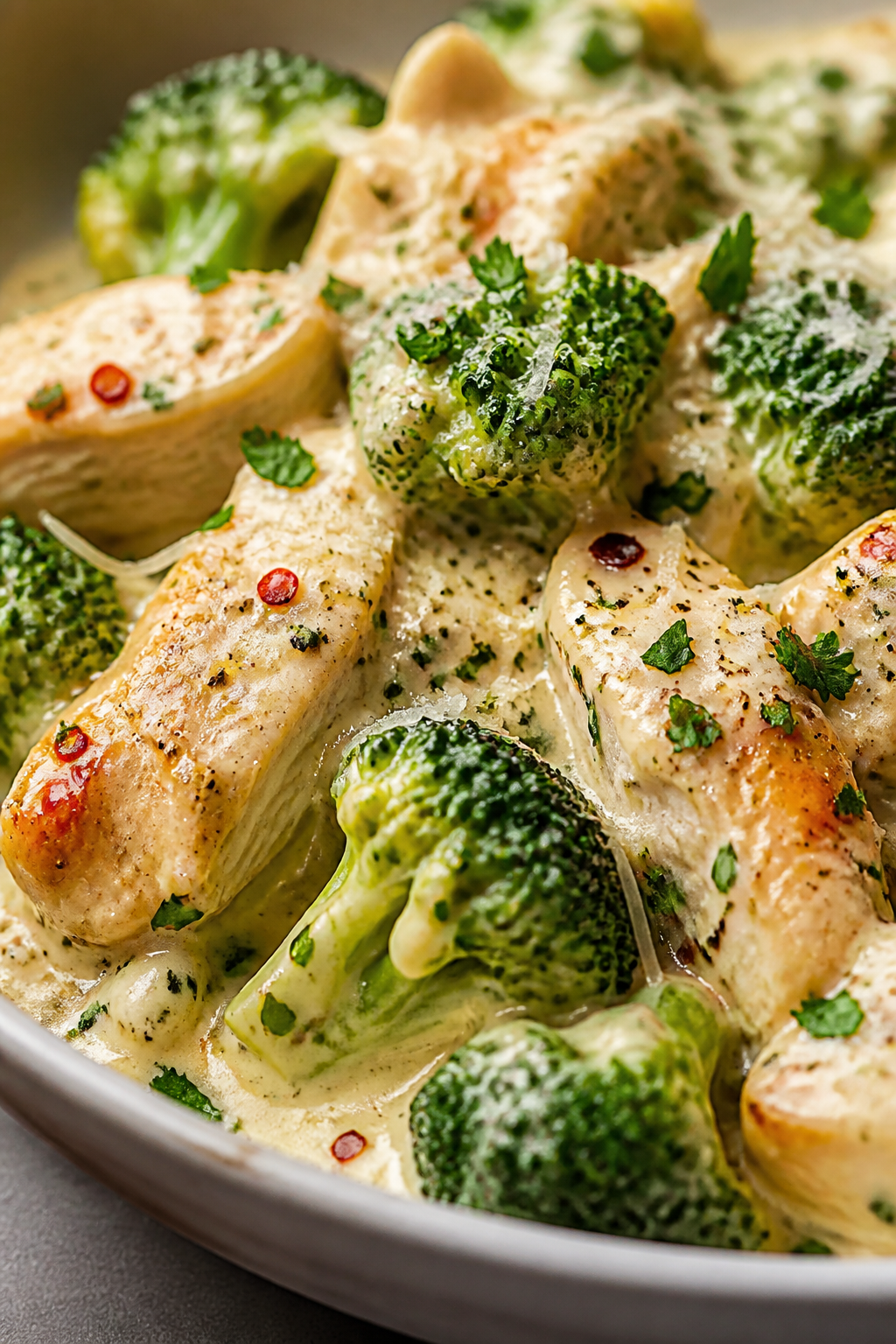 Close-up detail — Creamy Alfredo coating: Macro shot of juicy chicken and bright green, crisp-tend