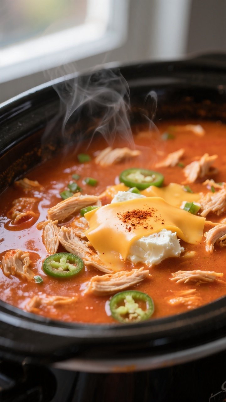 Close-up detail: Creamy keto chicken enchilada soup just after stirring in melted cream cheese and c