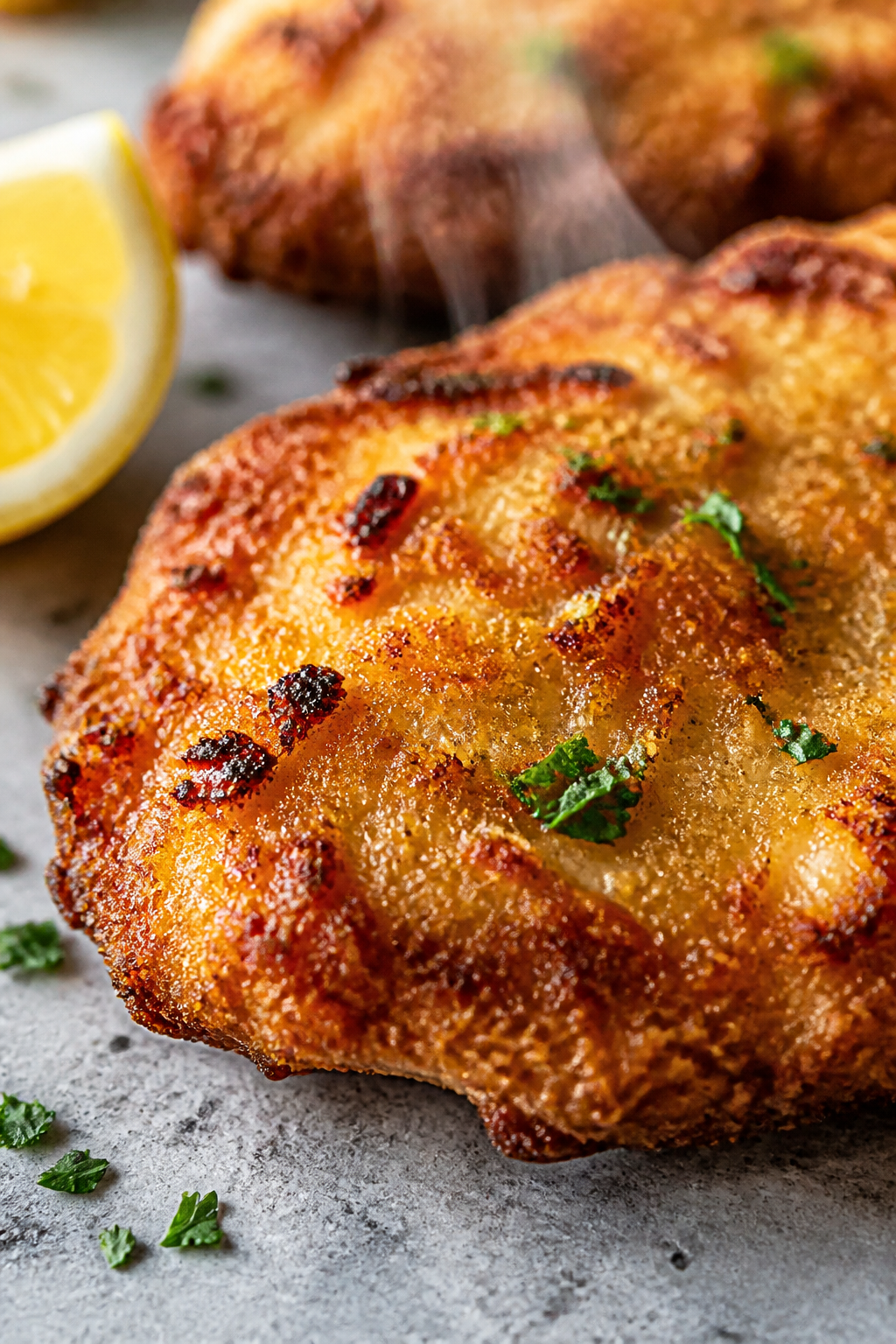 Close-up detail: Crispy air-fried keto chicken cutlet just out of the basket, golden almond flour–
