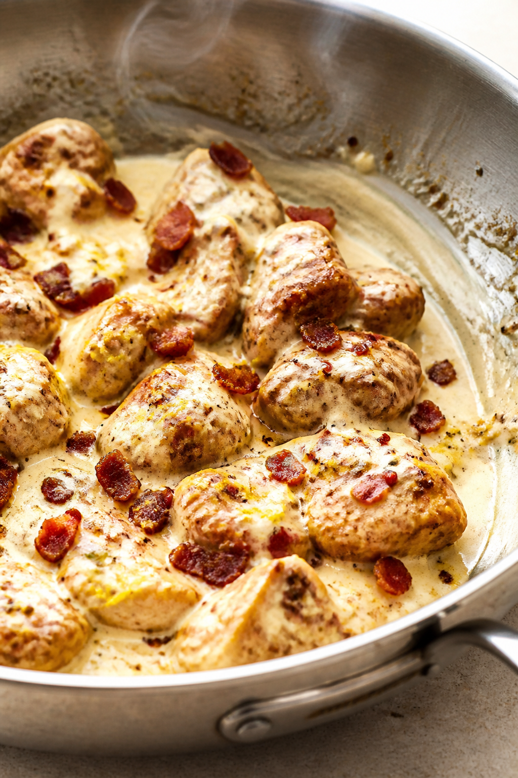 Close-up detail: Crispy bacon crumbles and golden-seared chicken bites being folded into a silky Alf