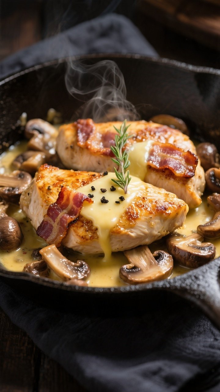 Close-up detail: Crispy bacon-studded, golden-seared chicken breasts nestled in a skillet of buttery