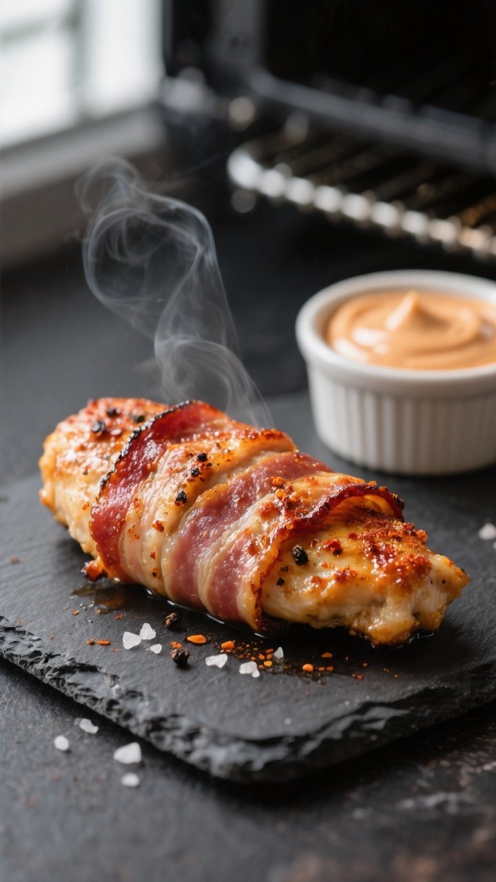 Close-up detail: Crispy bacon-wrapped chicken tender just out of the air fryer, bacon rendered and b