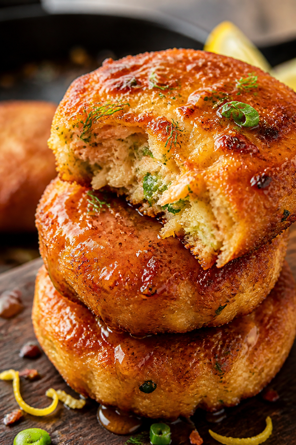 Close-up detail: Crispy keto salmon patties just off the skillet, edges deeply golden and craggy wit