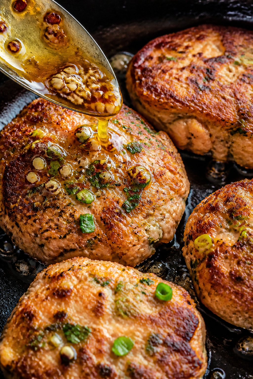Close-up detail: Crispy keto salmon patties sizzling in a cast-iron skillet mid-cook, golden-brown c