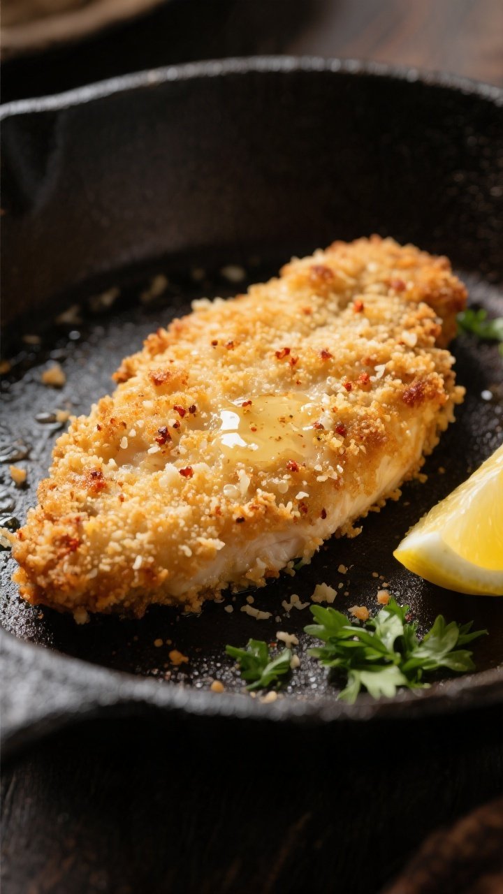 Close-up detail: Crispy Parmesan-crusted chicken cutlet just out of the pan, golden-brown panko-Parm