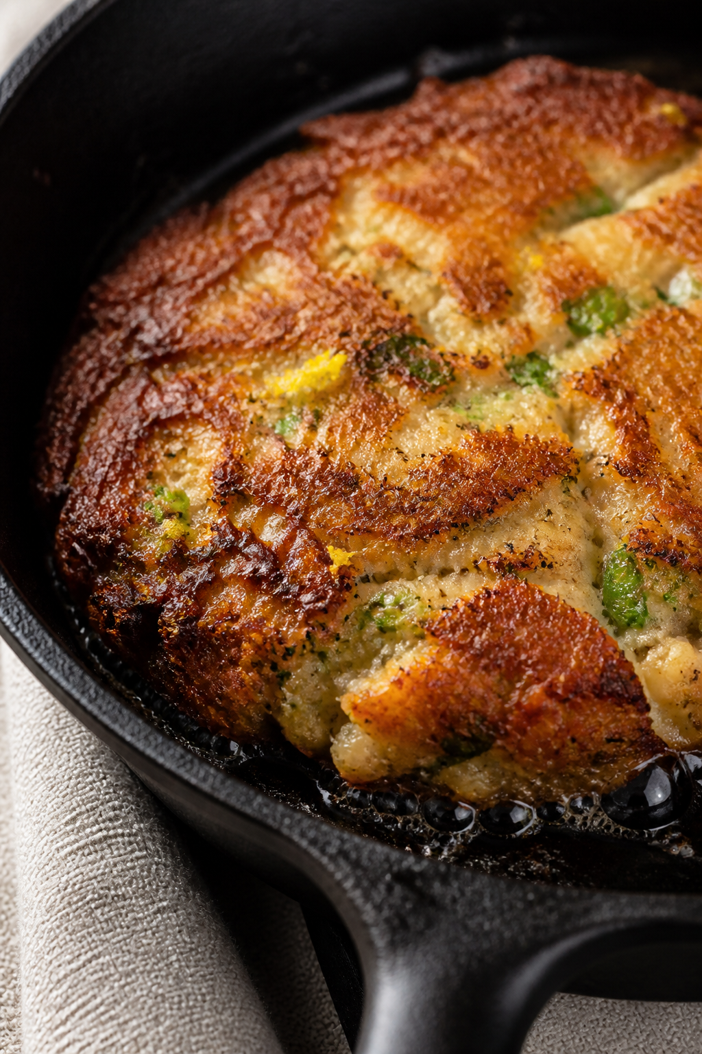 Close-up detail: Crispy Pesto Parmesan Keto Salmon Cake searing in a cast-iron skillet, golden-brown