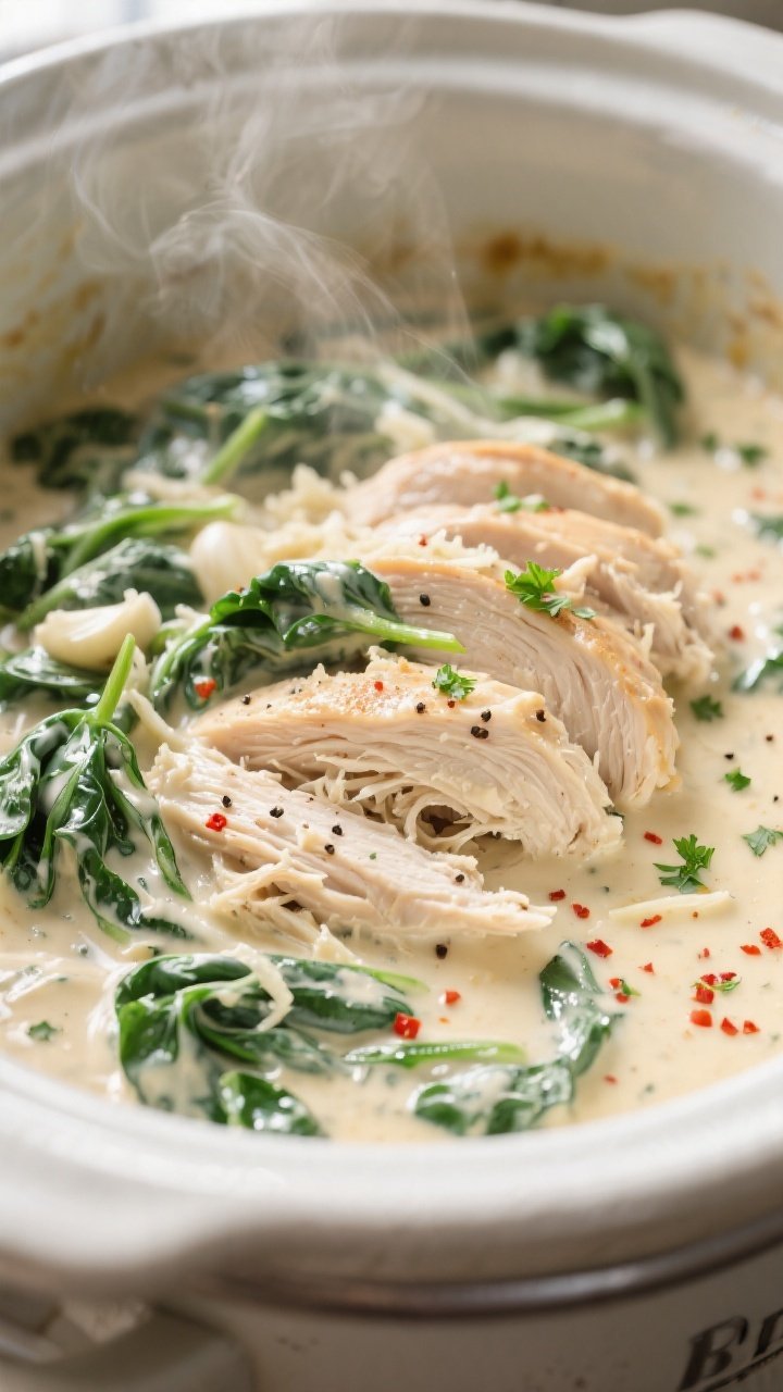 Close-up detail: Crockpot creamy spinach chicken just after stirring in dairy—juicy shredded chick